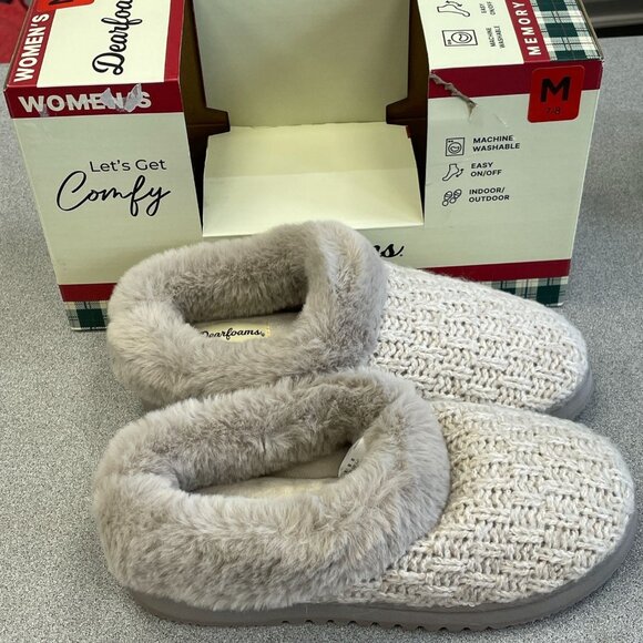 NEW Dearfoams Memory Foam Slippers Women's M 7-8 Beige Knit Faux Fur Trim - Picture 1 of 9